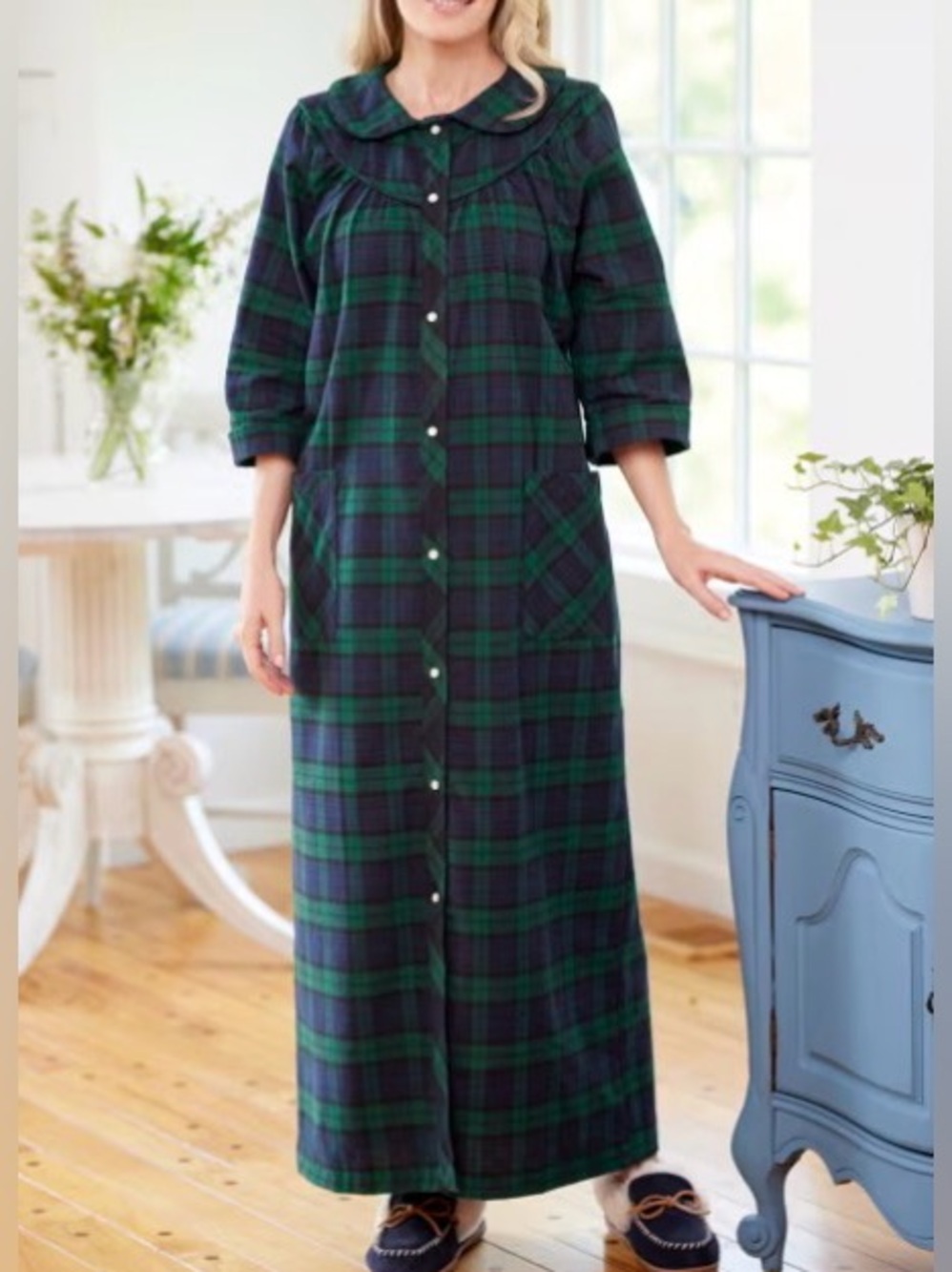 Women's Plaid Cotton Flannel Snap-Front Robe - Black Watch Plaid - 3XL